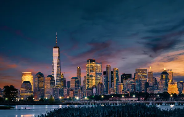 The sky, clouds, night, the city, lights, building, New York, skyscrapers