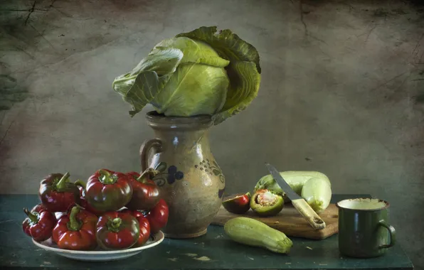 Pepper, pitcher, still life, vegetables, cabbage, zucchini