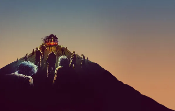 The sky, mountains, lights, figure, people, home