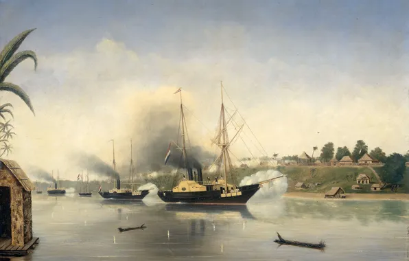 Picture ship, oil, picture, canvas, The Shelling Of The Palace Of The Sultan Of Jambi