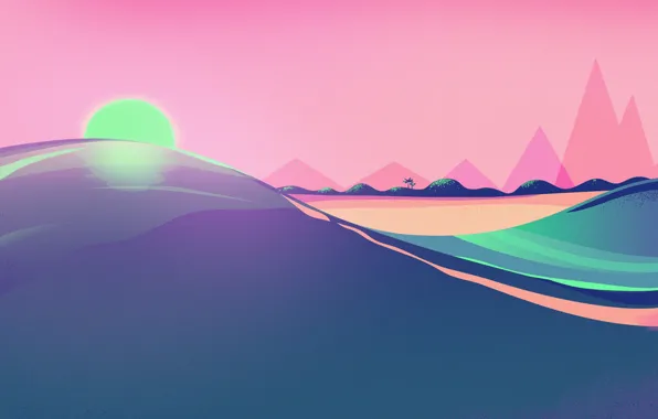 Picture the sun, landscape, mountains