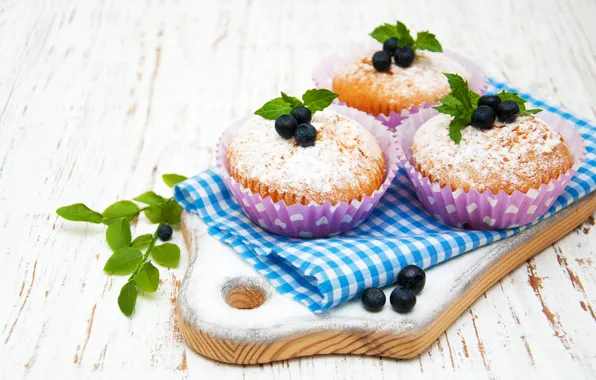 Berries, towel, blueberries, powdered sugar, muffins, cutting Board, Olena Rudo