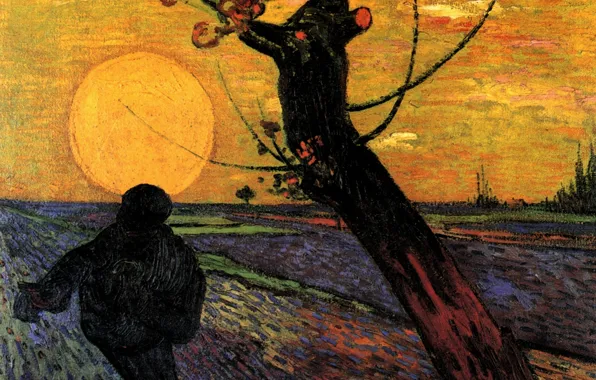 Picture the sun, tree, people, the evening, Vincent van Gogh, The Sower 3