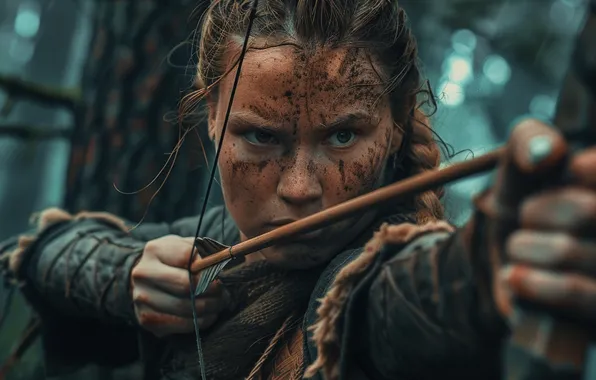 Girl, Look, Trees, Warrior, Bow, Viking, Arrow, Digital art