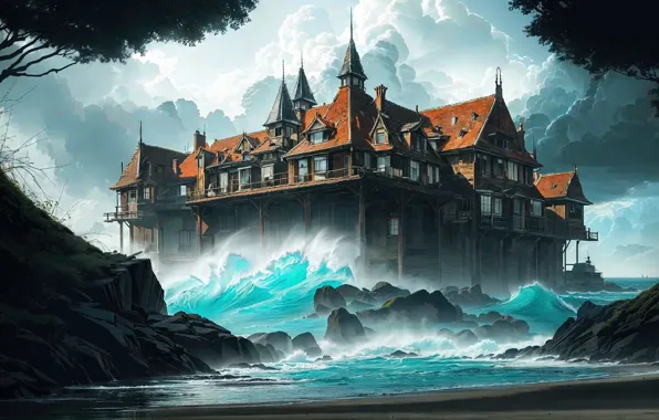 Picture storm, sea, nature, water, old, architecture, building, illustration