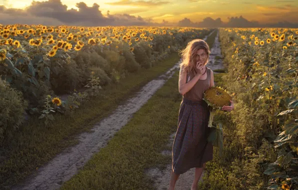 Wallpaper road, field, girl, sunflowers, sunset, nature, barefoot ...