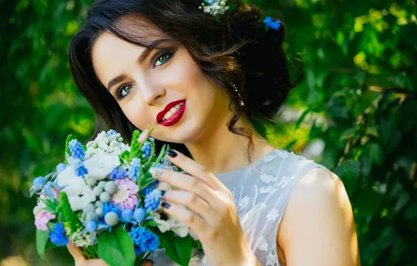Picture greens, girl, flowers, face, bouquet, makeup, garden, brunette