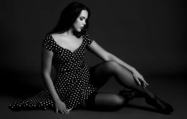 Picture girl, stockings, legs, black and white photo, polka dot dress