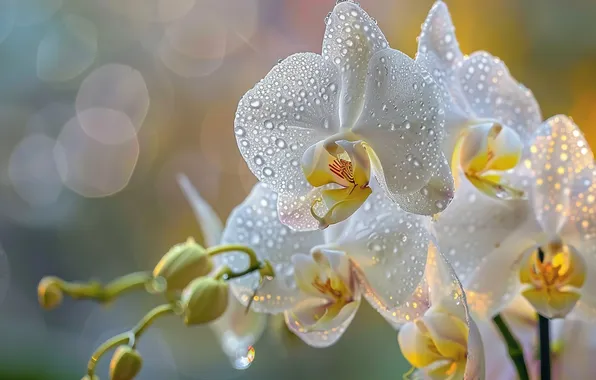 Drops, macro, flowers, white, orchids, Orchid, bokeh, AI art