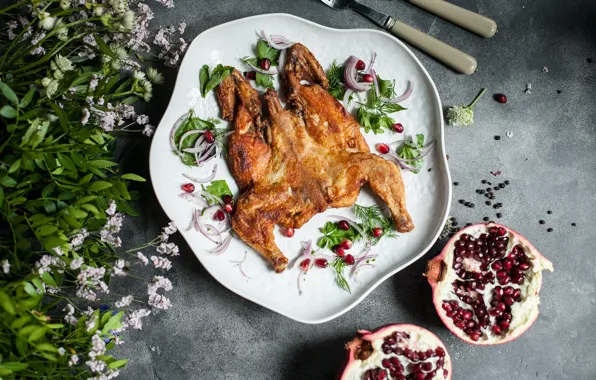 Greens, flowers, chicken, garnet