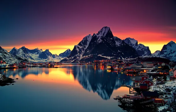 Picture winter, the sky, snow, mountains, night, lights, lake, dawn
