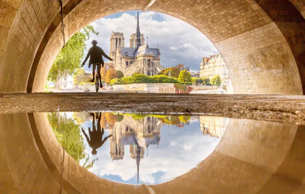 Bridge, reflection, France, Paris, arch, Notre Dame Cathedral