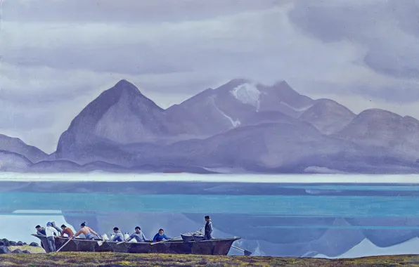 Picture sea, landscape, mountains, boat, picture, Rockwell Kent, Rockwell Kent, Greenland People. Dogs and Mountains