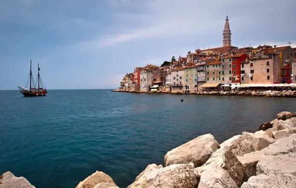 Picture stones, building, yacht, promenade, Croatia, Istria, Croatia, The Adriatic sea