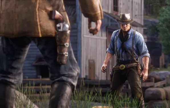 Weapons, hat, duel, the bandits, Rockstar, Red Dead Redemption 2, Arthur Morgan