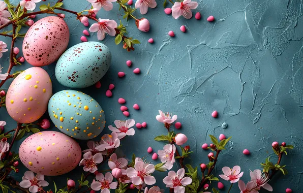 Picture flowers, eggs, spring, colorful, Easter, happy, pink, blossom