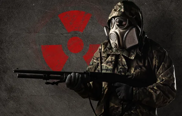Picture weapons, sign, people, radiation, mask, costume, gloves, form