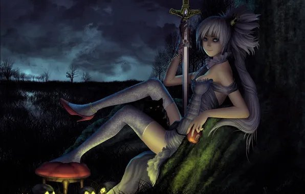 Cat, cat, girl, night, tree, black, skull, Apple