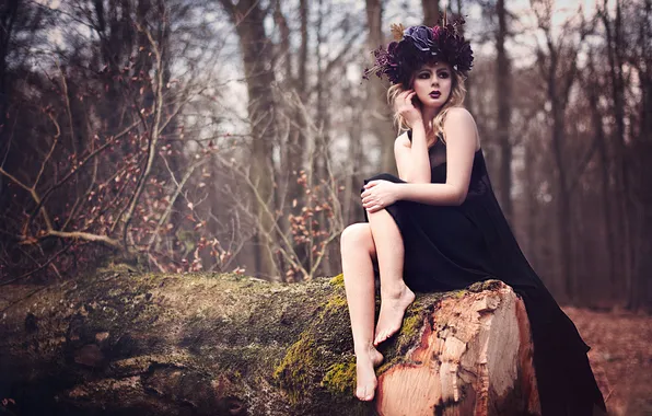 Forest, leaves, girl, trees, tree, branch, black dress, black crown