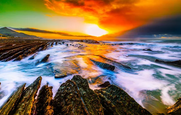 Sea, the sky, clouds, mountains, rocks, glow