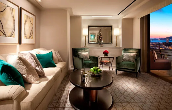 Picture the city, interior, balcony, living room