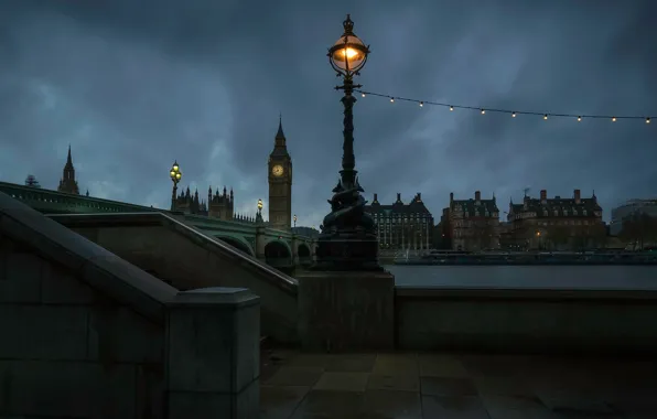 Night, bridge, lights, river, watch, England, London, tower