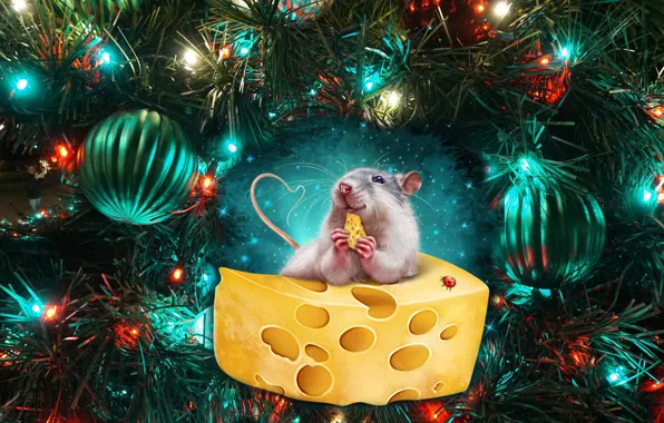 Picture balls, tree, mouse, cheese, New year, New Year, 2020