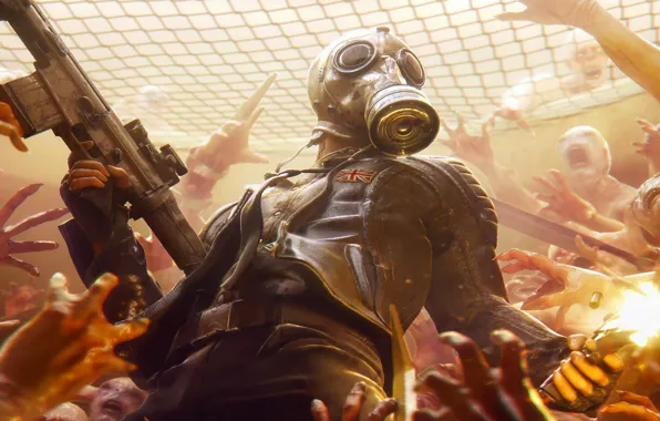 Gun, Gas mask, Machine, Zombies
