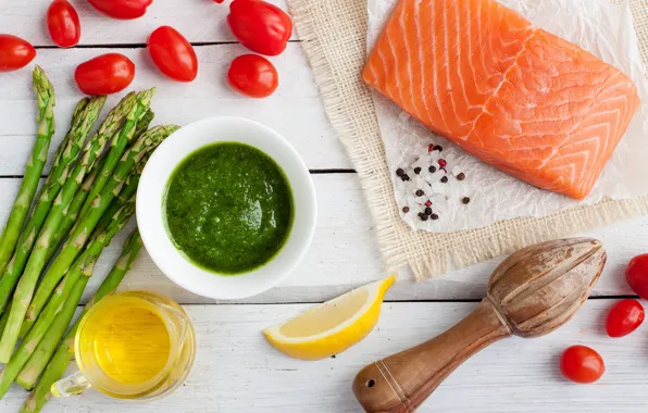 Lemon, tomatoes, spices, salt, salmon, asparagus, pesto