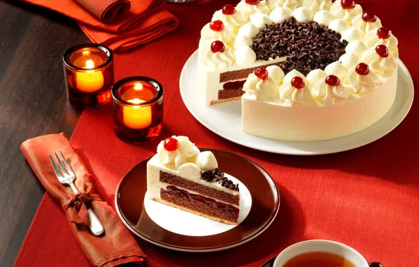 Tea, food, candles, plate, cake, plug, cream, dessert