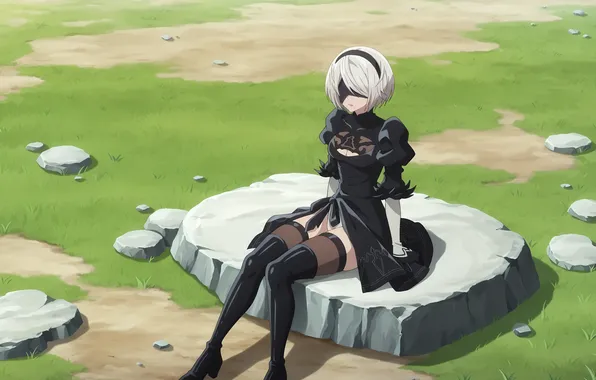 Field, girl, stone, girl, field, woman, stone, nier automata
