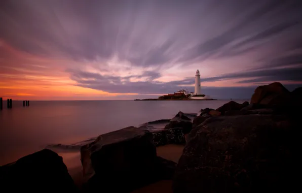 Sea, sunset, stones, coast, lighthouse, island, England, horizon