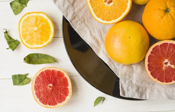 Leaves, table, lemon, Board, oranges, plate, fruit, citrus