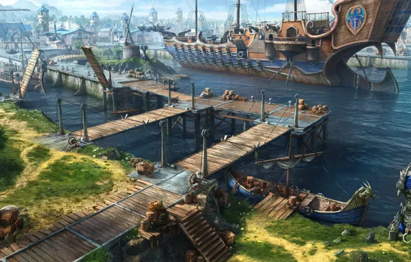Picture the city, ship, pier, art, port, Dragon Eternity, dragons of eternity