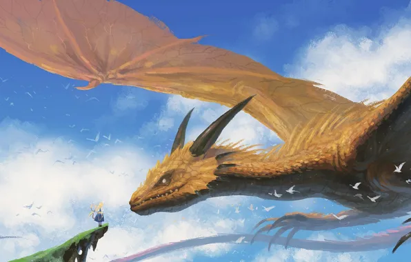 The sky, girl, clouds, flight, bird, dragon, anime, art