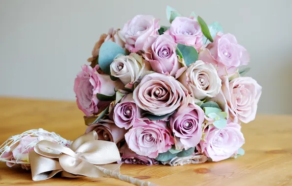 Roses, bow, a bouquet of flowers, bow, roses, wedding flowers, wedding flowers, bouquet of flowers
