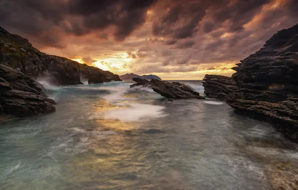 Picture sea, wave, landscape, sunset, rocks