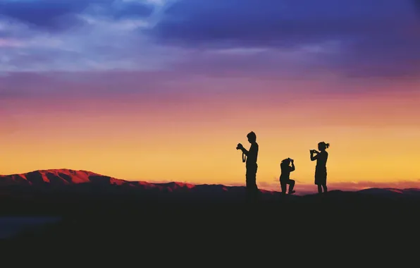 Sunset, mountains, family, silhouette, camera