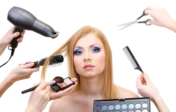 Picture girl, shadow, hands, makeup, hairstyle, blonde, white background, beauty