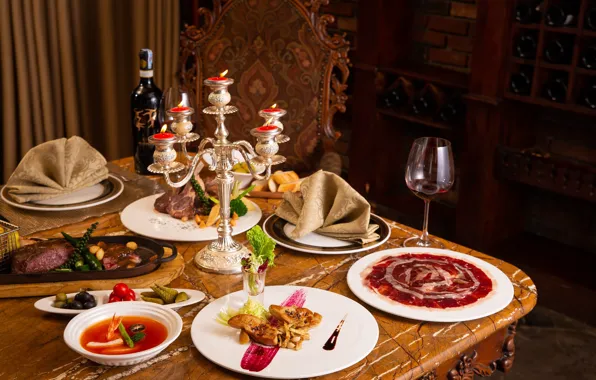 Wine, glass, candle holder, meals, serving