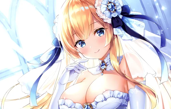 Girl, sexy, cleavage, long hair, dress, boobs, anime, blue eyes