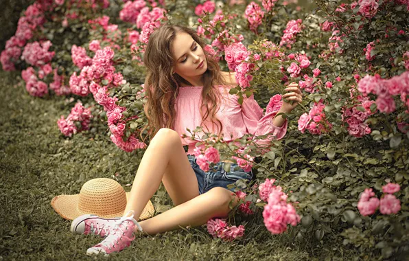 Girl, shorts, flowers, beautiful, model, sneakers