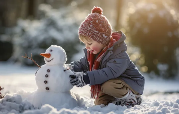 Winter, light, snow, nature, childhood, pose, smile, hat