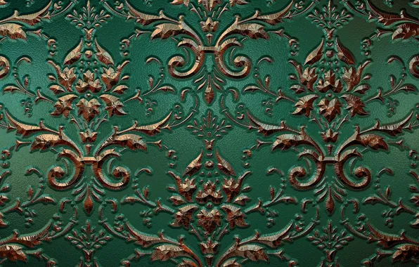 Metal, pattern, curls, Shine, texture, gold plated, ornament, green background