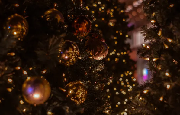 Balls, holiday, tree, new year, Christmas, gold plated, needles, Christmas decorations