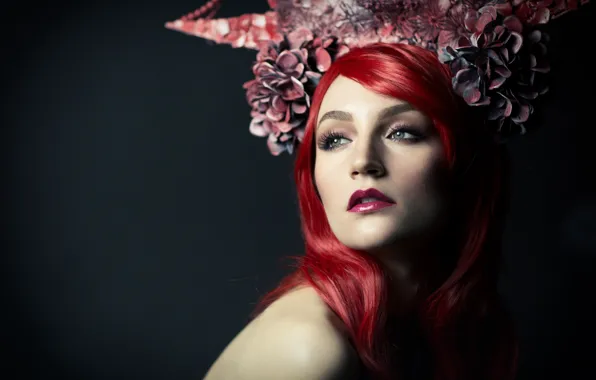 Picture portrait, look, flowers, red hair, face, girl, horns, Siegart from Schlichting