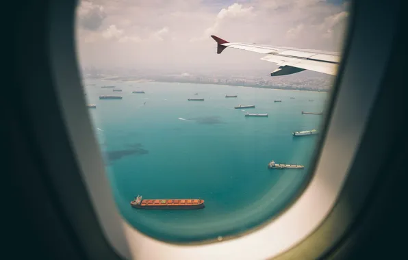 Sea, The city, The plane, View, Flight, Court, The window, Singapore