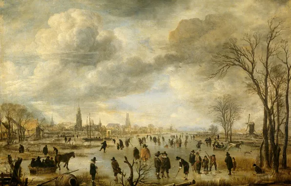 Picture landscape, oil, picture, canvas, Art van der NEER, River view in Winter
