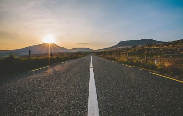 Road, the sky, the sun, mountains, the fence, twilight