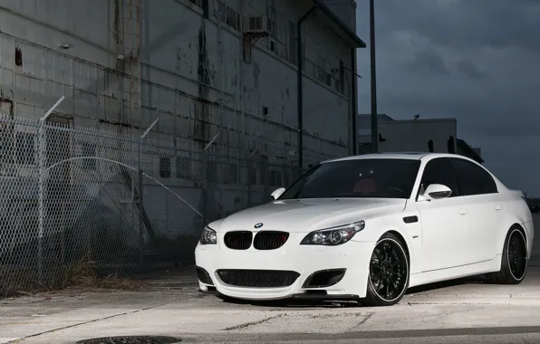 White, the fence, BMW, BMW, white, grille, barbed wire, E60